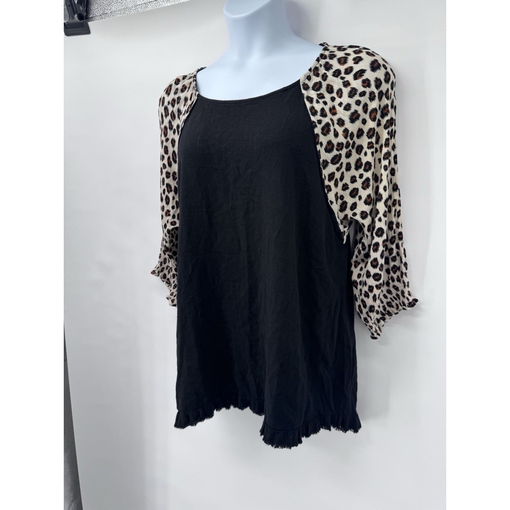 Umgee 3/4 Sleeve Leopard Linen Tunic Top fringe hem XL 22 ptp beach light boho - Picture 2 of 11